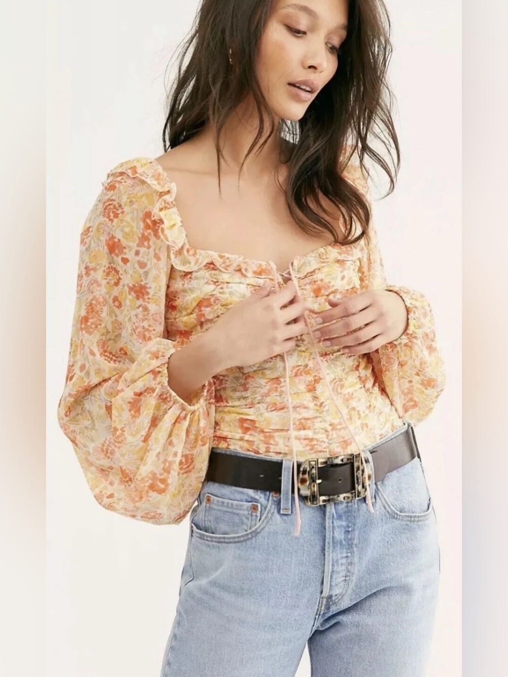 Free People Mabel Orang Floral Printed Blouse With Ruffles in Spring Combo SZ M
